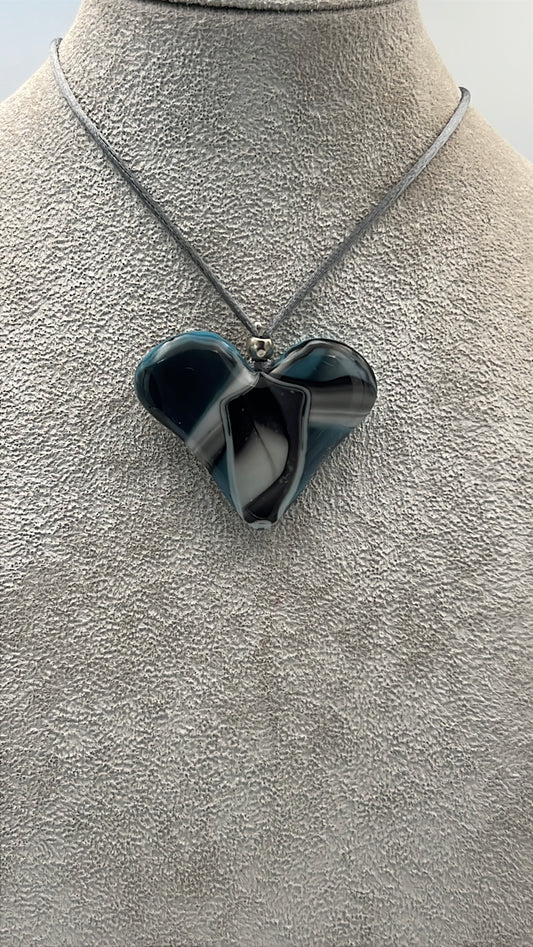 Light Cyan/Black/White Mix Fused Glass Heart Pendant