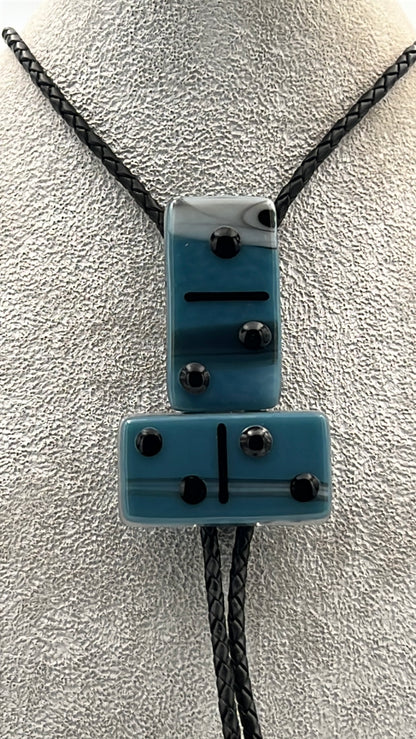 Light Cyan/Black Mix Fused Glass Domino Bolo Tie with Black Details - 2 Piece