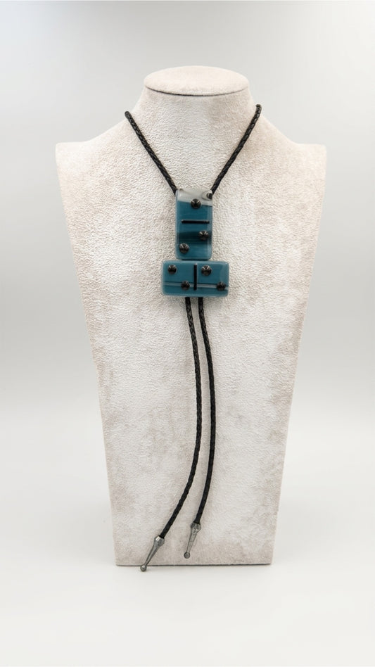 Light Cyan/Black Mix Fused Glass Domino Bolo Tie with Black Details - 2 Piece