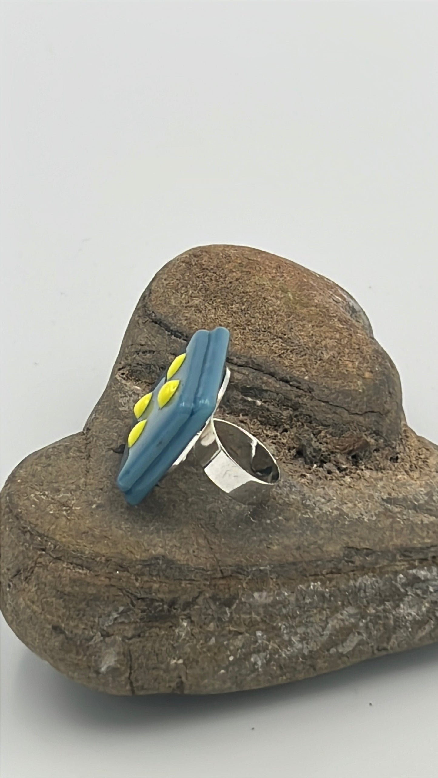 Light Cyan Mix Fused Glass Adjustable Number Ring with Yellow Details