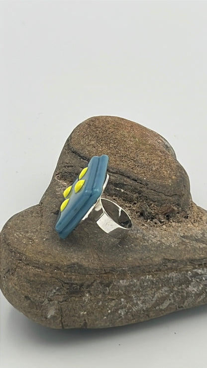 Light Cyan Mix Fused Glass Adjustable Number Ring with Yellow Details