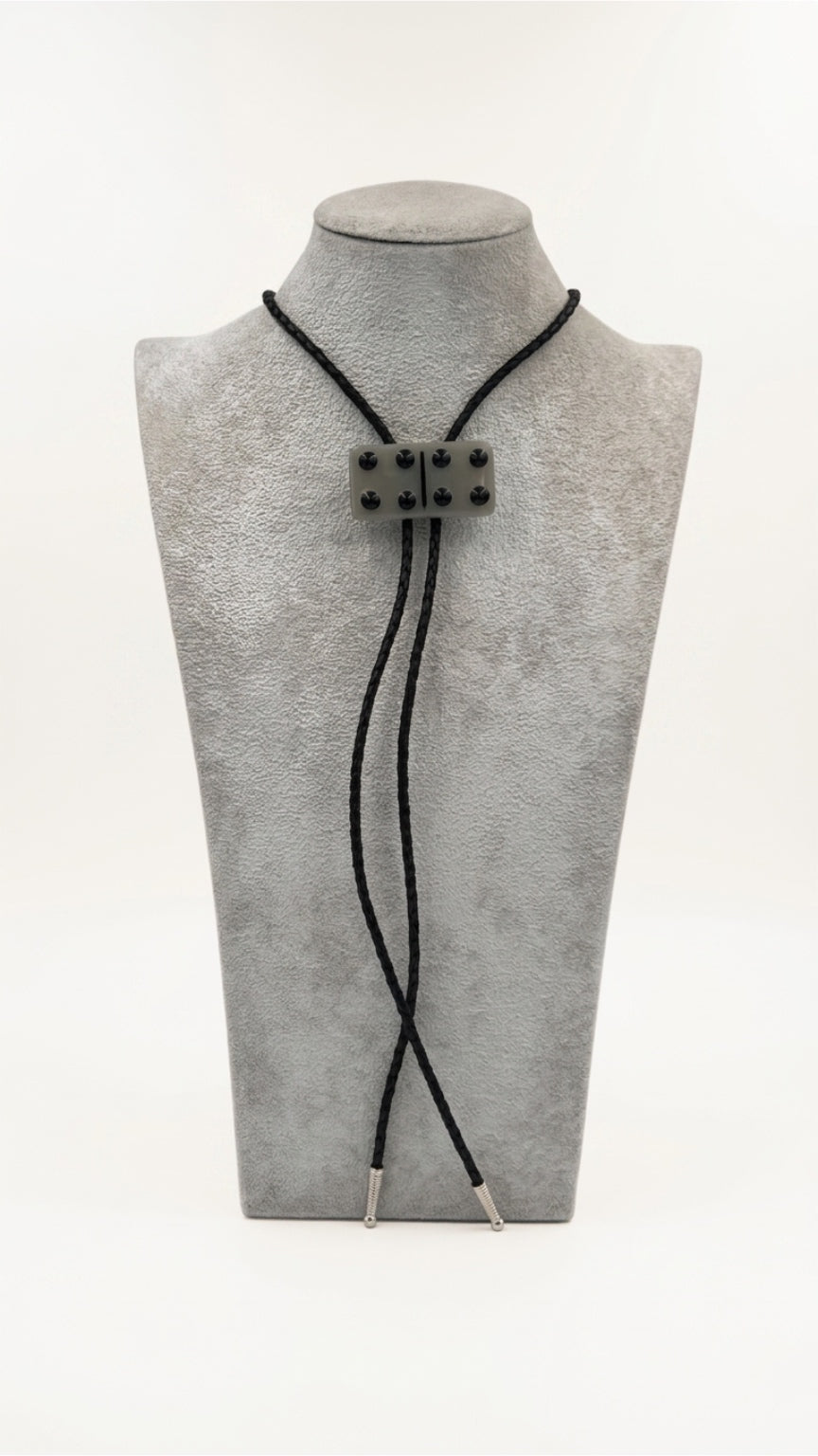 Gray Fused Glass Domino Bolo Tie with Black Details