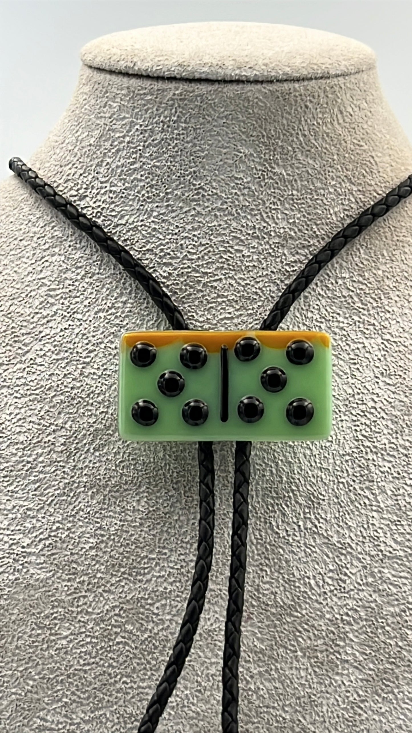 Mint Green/Orange Fused Glass Domino Bolo Tie with Black Details
