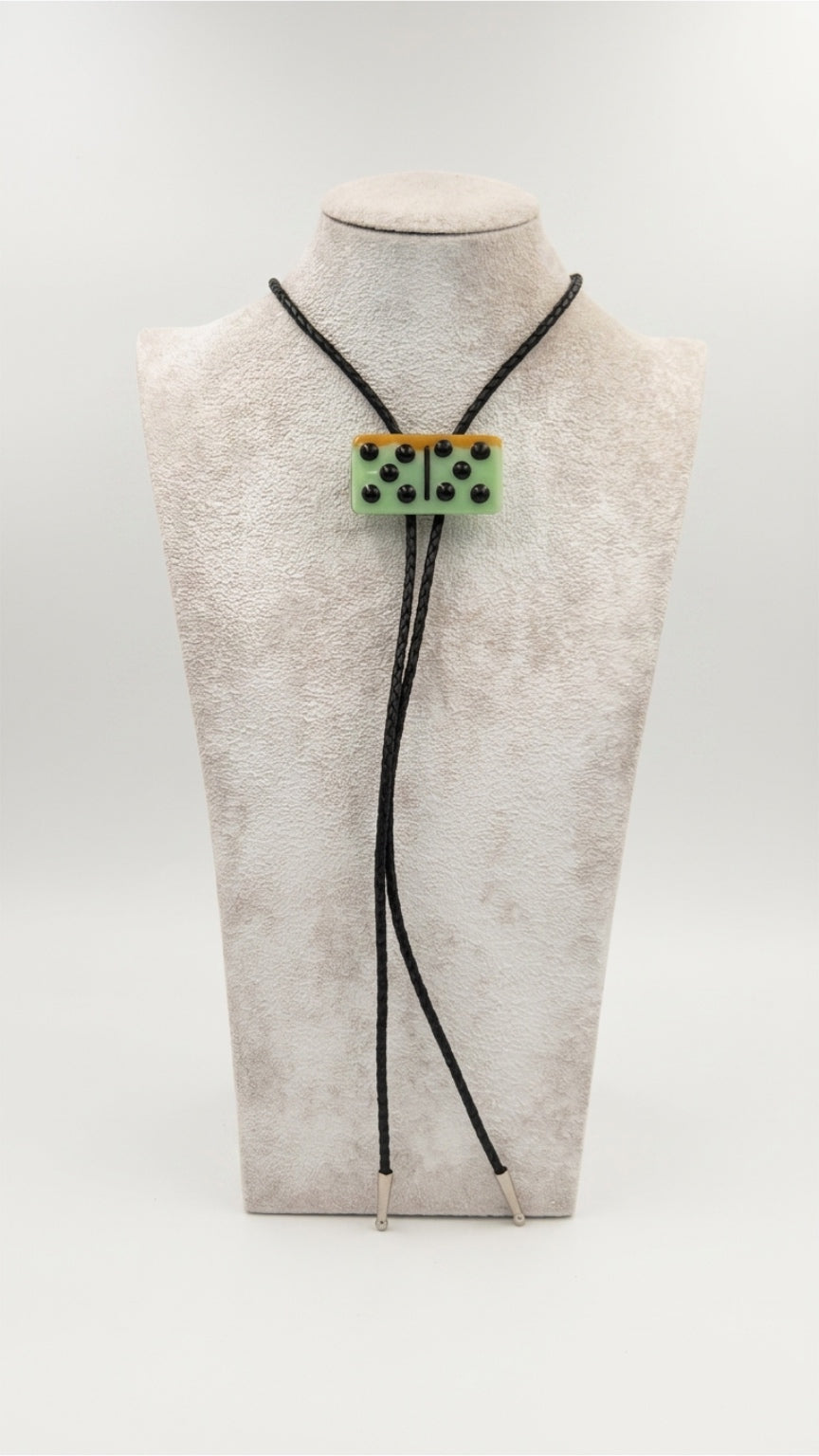 Mint Green/Orange Fused Glass Domino Bolo Tie with Black Details