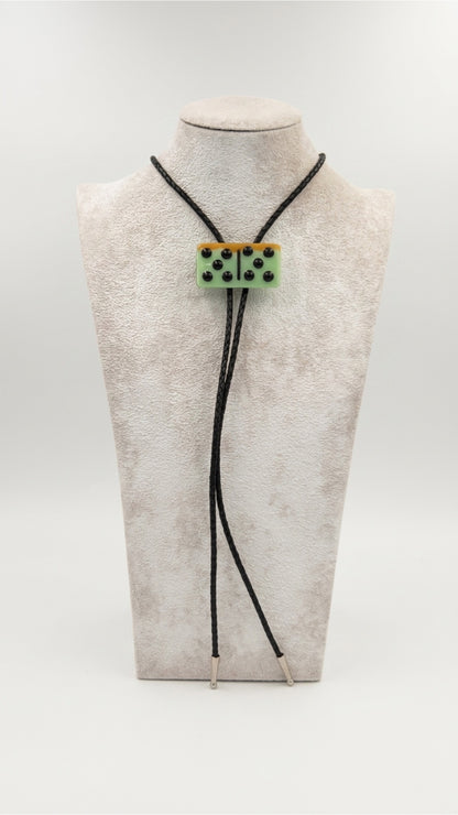 Mint Green/Orange Fused Glass Domino Bolo Tie with Black Details