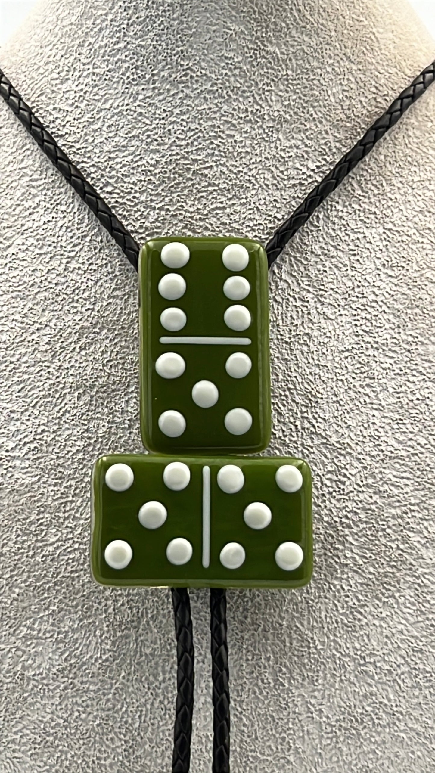 Olive Green Fused Glass Domino Bolo Tie with French Vanilla Details - 2 Piece