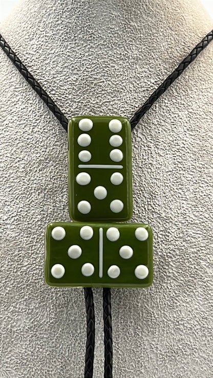 Olive Green Fused Glass Domino Bolo Tie with French Vanilla Details - 2 Piece