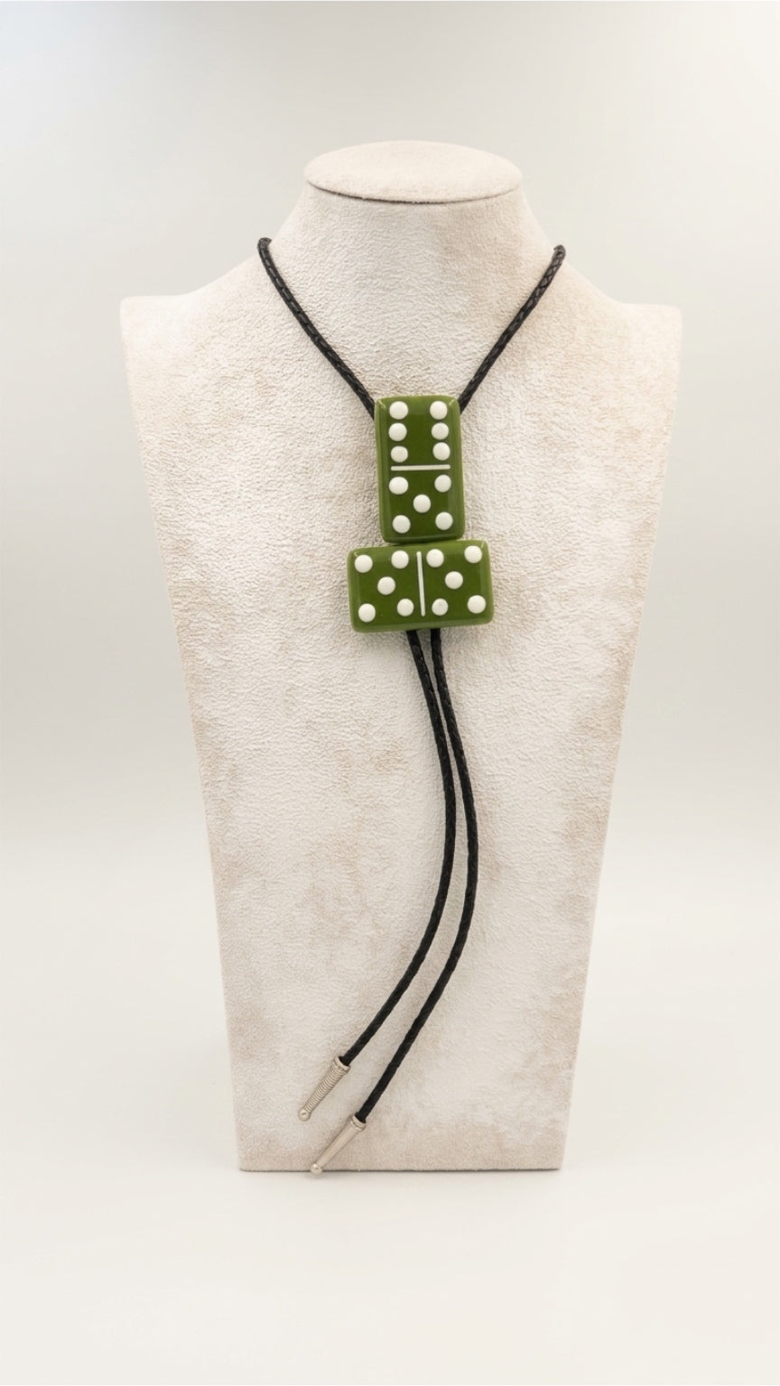 Olive Green Fused Glass Domino Bolo Tie with French Vanilla Details - 2 Piece