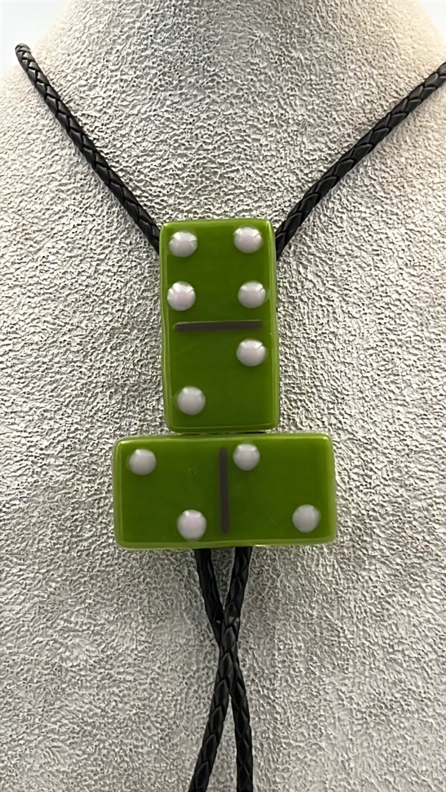 Peapod Green Fused Glass Domino Bolo Tie with Light Pink Details - 2 Piece