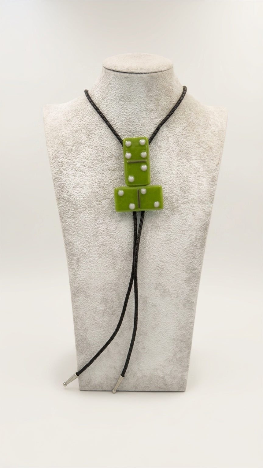 Peapod Green Fused Glass Domino Bolo Tie with Light Pink Details - 2 Piece