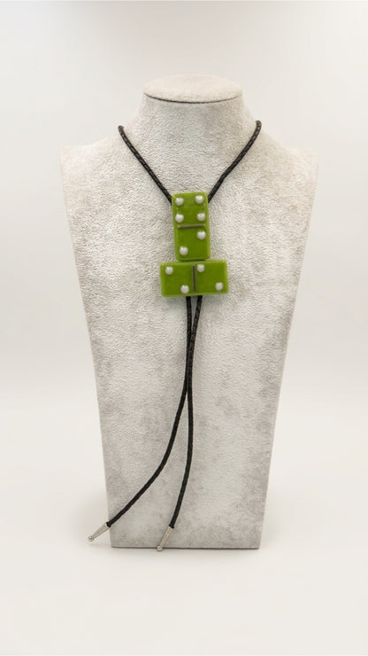 Peapod Green Fused Glass Domino Bolo Tie with Light Pink Details - 2 Piece