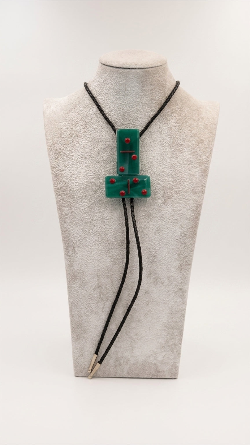 Peacock Blue Fused Glass Domino Bolo Tie with Red Details - 2 Piece
