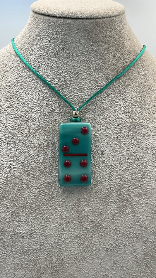 Peacock Blue/White Mix Fused Domino Pendant with Red Details