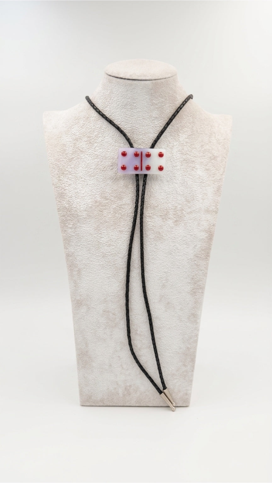 Pink Lavender Fused Glass Domino Bolo Tie with Red Details