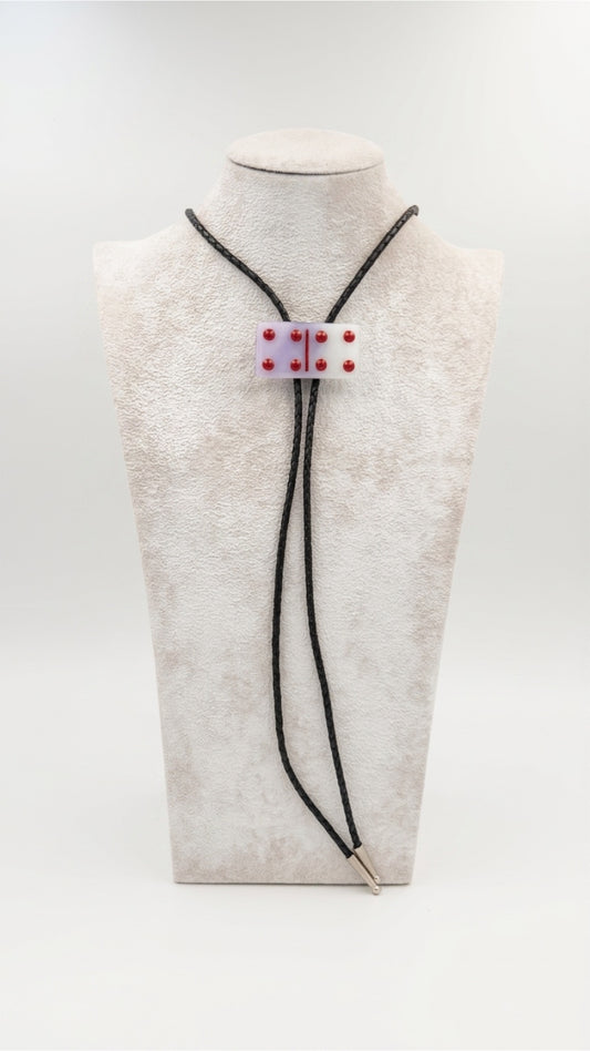 Pink Lavender Fused Glass Domino Bolo Tie with Red Details