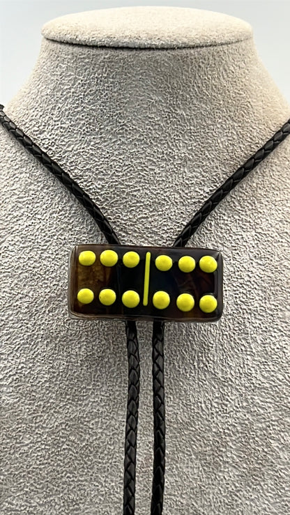 Brown Fused Glass Domino Bolo Tie with Yellow Details