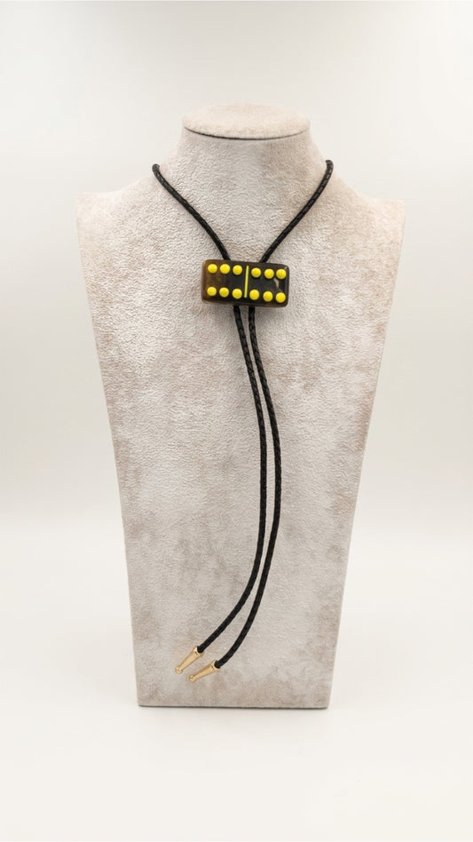 Brown Fused Glass Domino Bolo Tie with Yellow Details