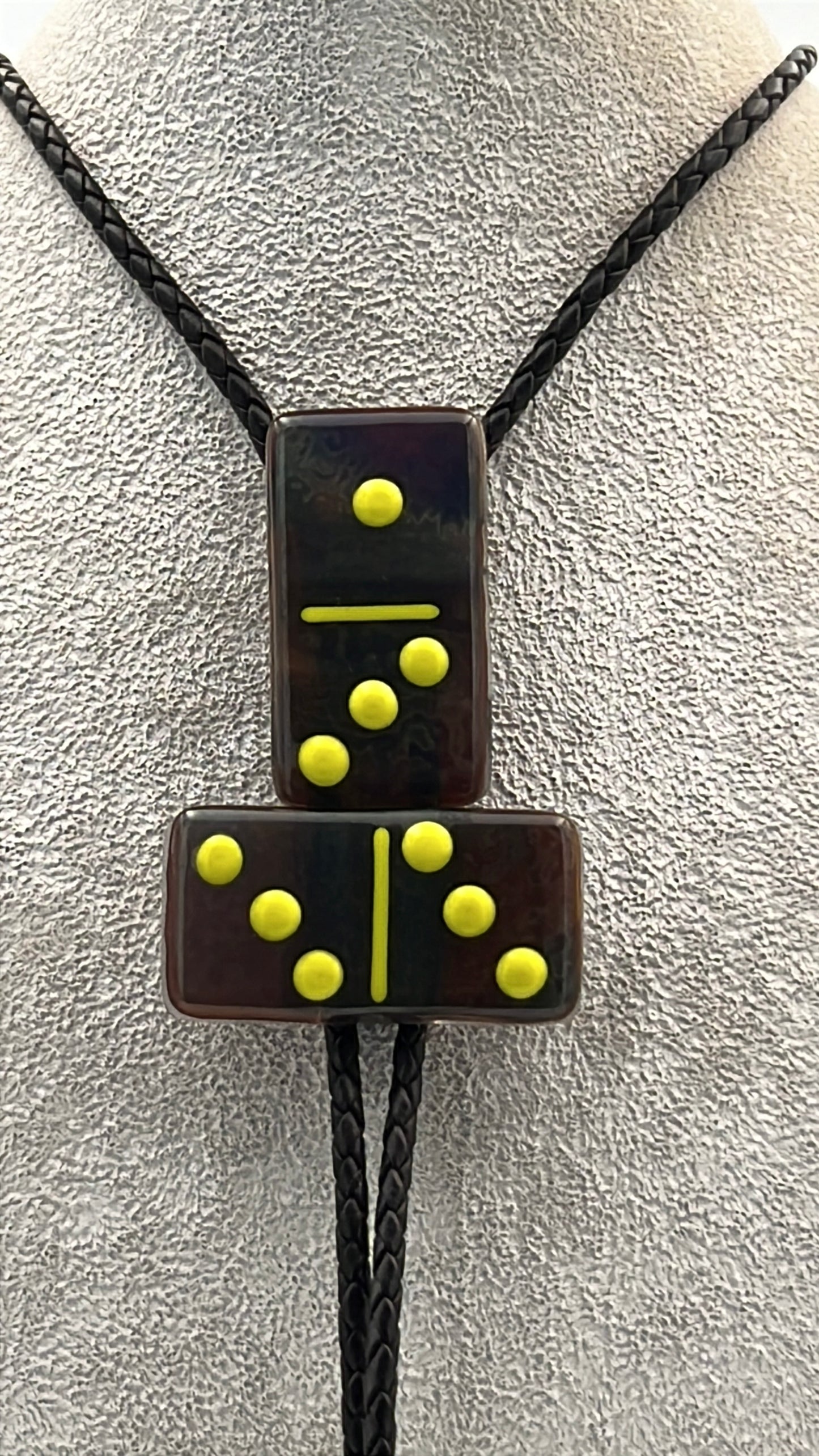 Petrified Wood Fused Glass Domino Bolo Tie with Yellow Details - 2 Piece