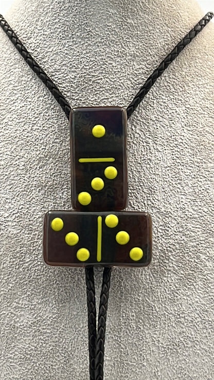 Petrified Wood Fused Glass Domino Bolo Tie with Yellow Details - 2 Piece