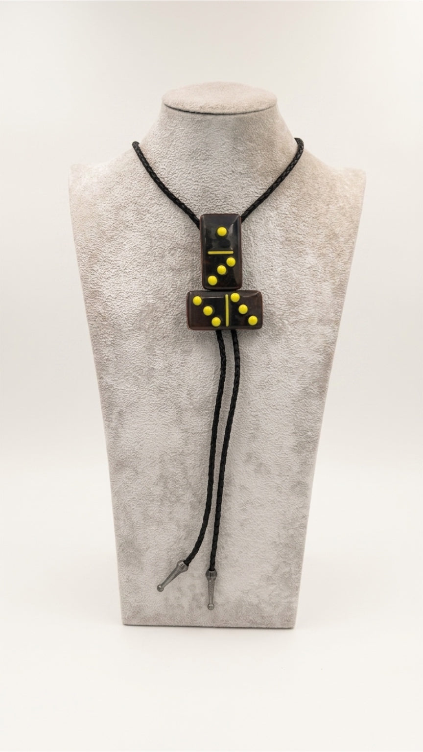 Petrified Wood Fused Glass Domino Bolo Tie with Yellow Details - 2 Piece