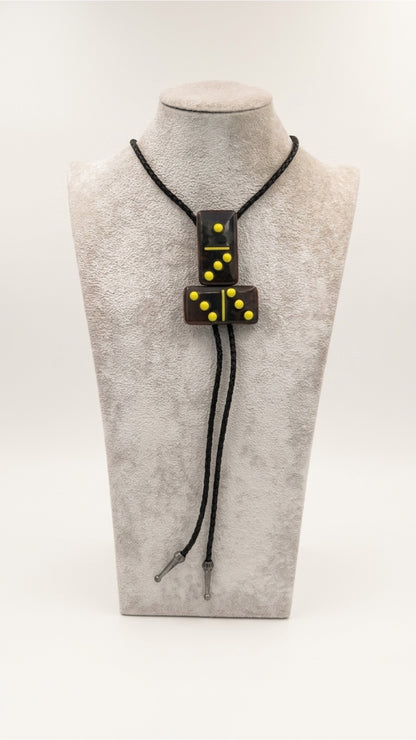 Petrified Wood Fused Glass Domino Bolo Tie with Yellow Details - 2 Piece