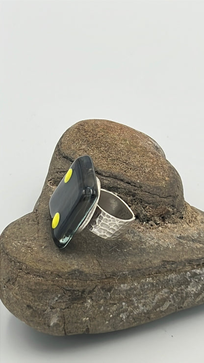 Brown Fused Glass Adjustable Number Ring with Yellow Details