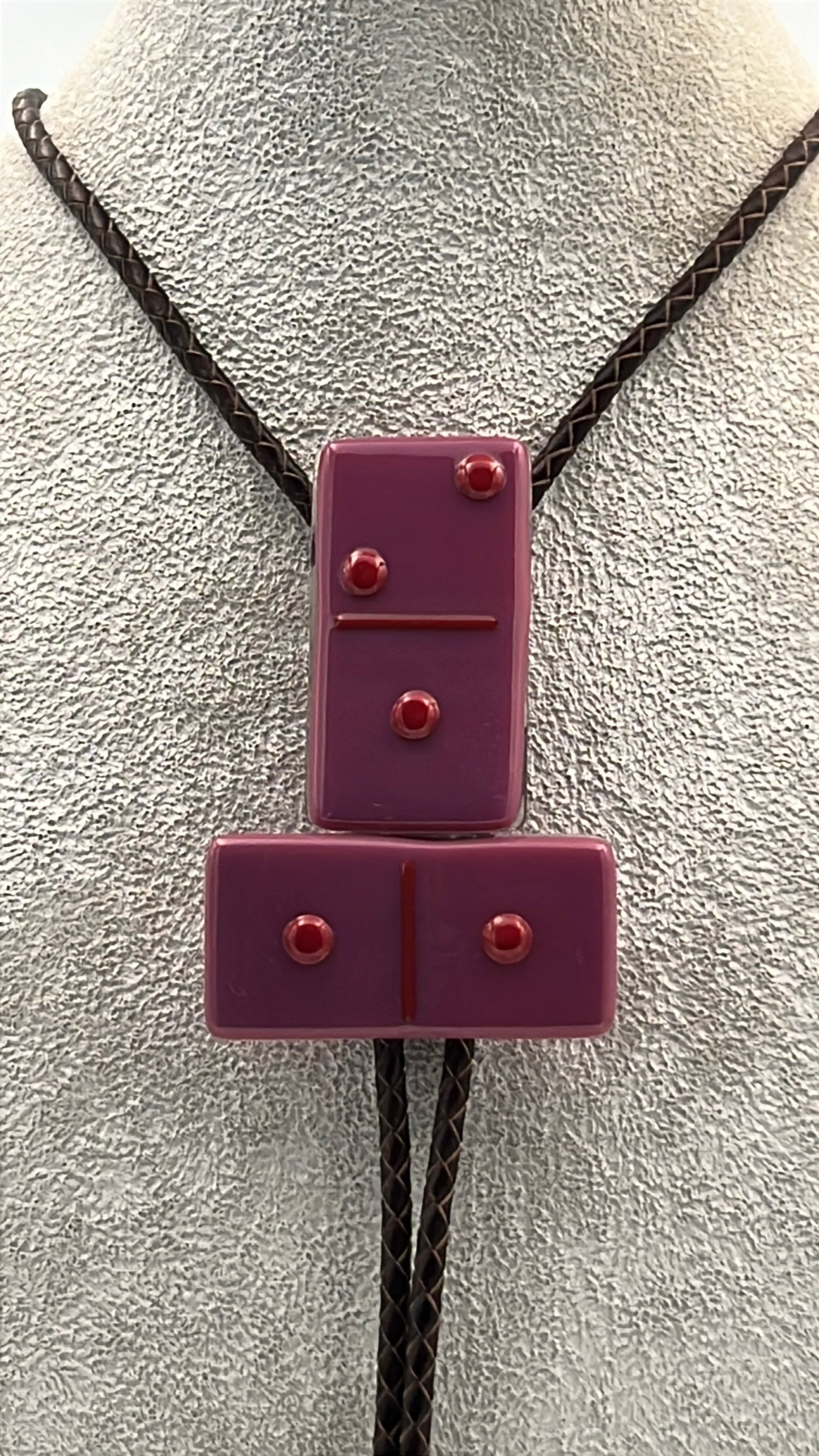 Pink Fused Glass Domino Bolo Tie with Red Details - 2 Piece