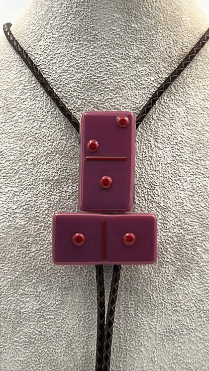 Pink Fused Glass Domino Bolo Tie with Red Details - 2 Piece