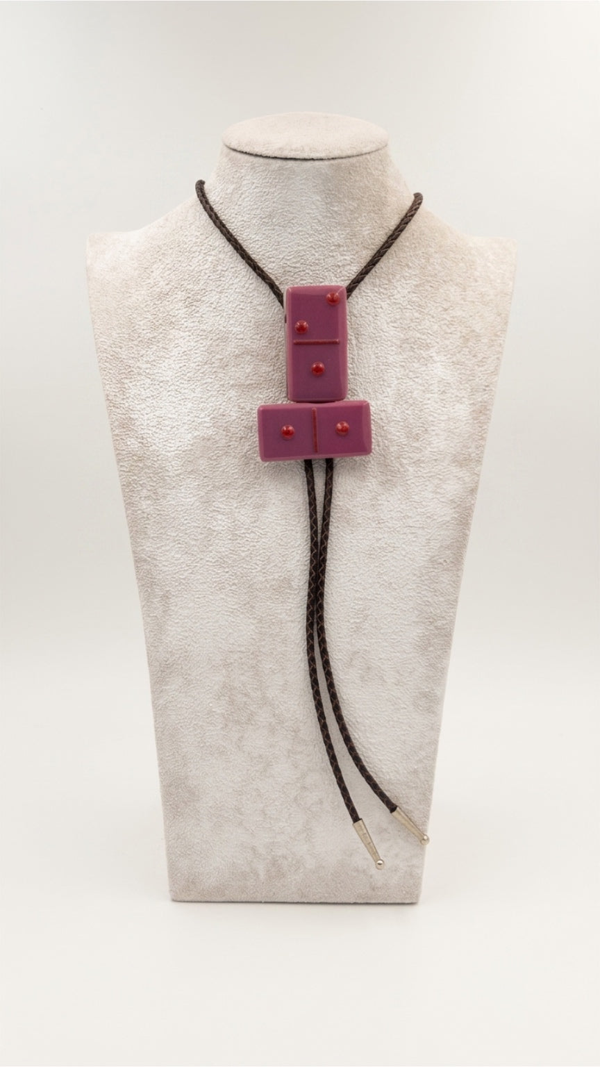 Pink Fused Glass Domino Bolo Tie with Red Details - 2 Piece