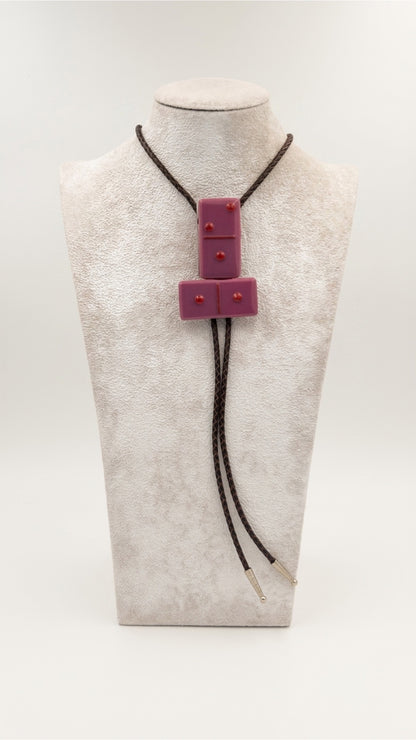Pink Fused Glass Domino Bolo Tie with Red Details - 2 Piece