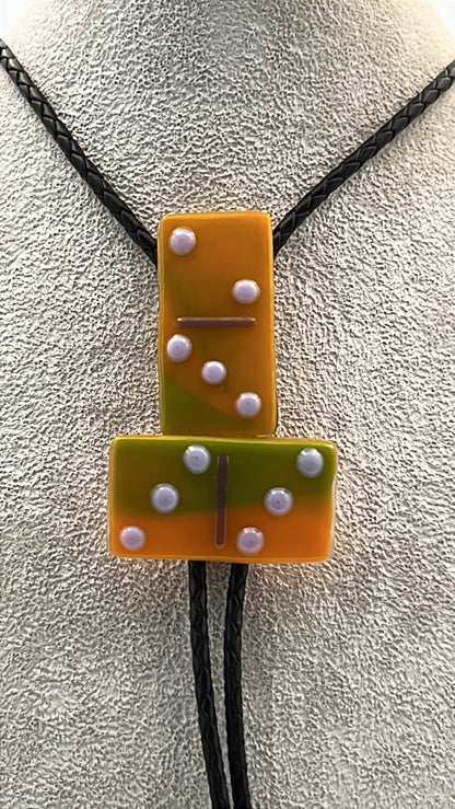 Orange/Green Fused Glass Domino Bolo Tie with Petal Pink Details - 2 Piece