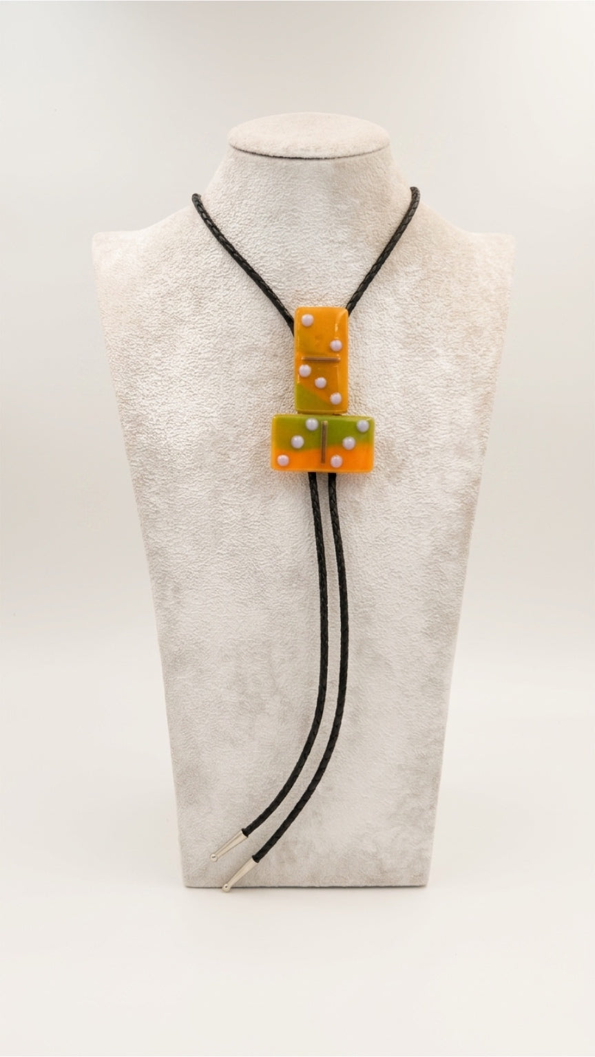 Orange/Green Fused Glass Domino Bolo Tie with Petal Pink Details - 2 Piece