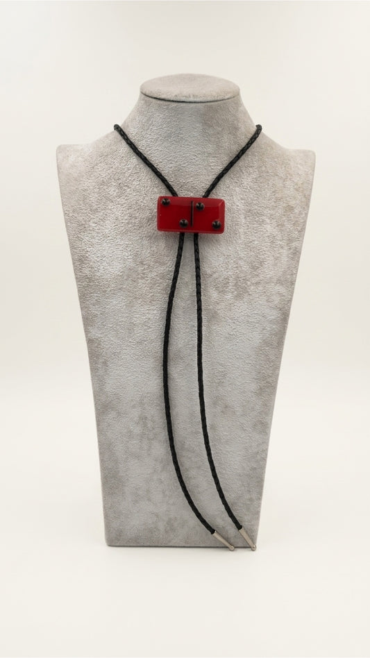 Red Fused Glass Domino Bolo Tie with Black Details