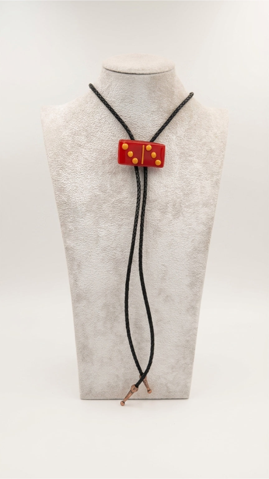 Red Fused Glass Domino Bolo Tie with Pumpkin Orange Details