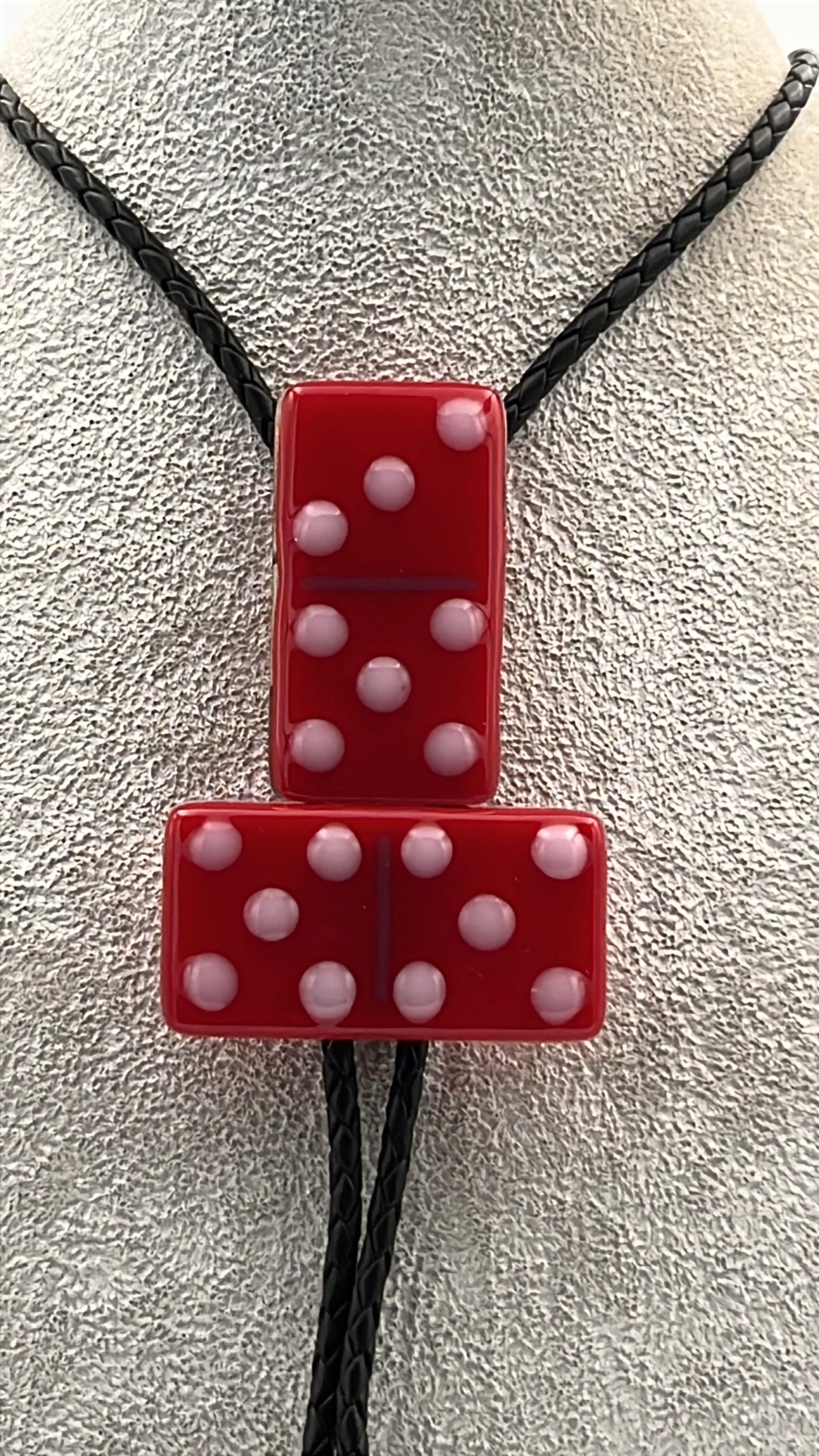Red Fused Glass Domino Bolo Tie with Light Pink - 2 Piece