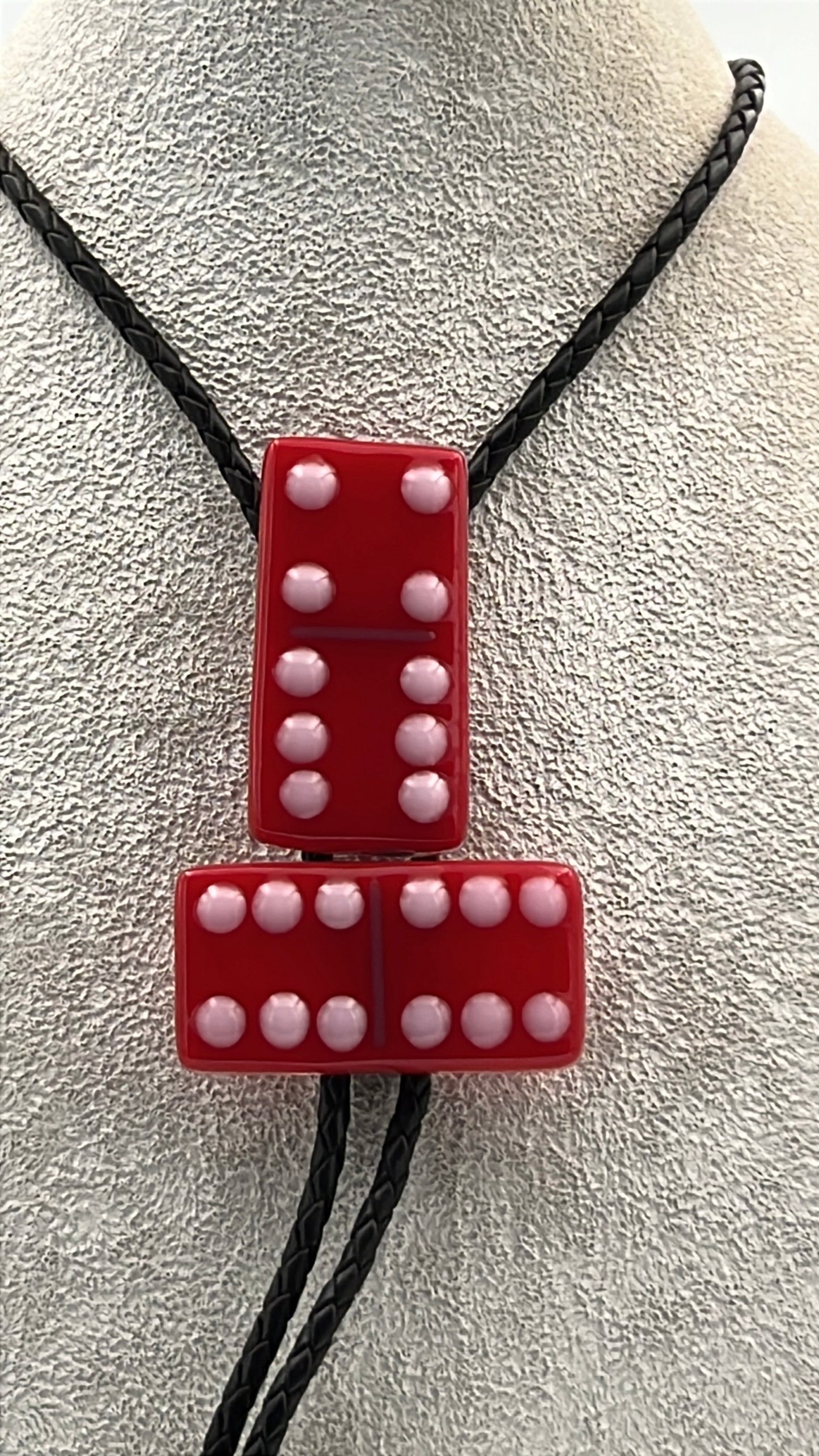 Red Fused Glass Domino Bolo Tie with Light Pink - 2 Piece