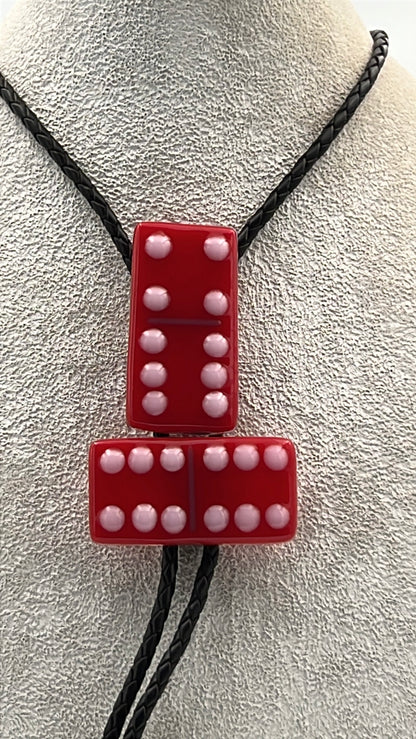 Red Fused Glass Domino Bolo Tie with Light Pink - 2 Piece