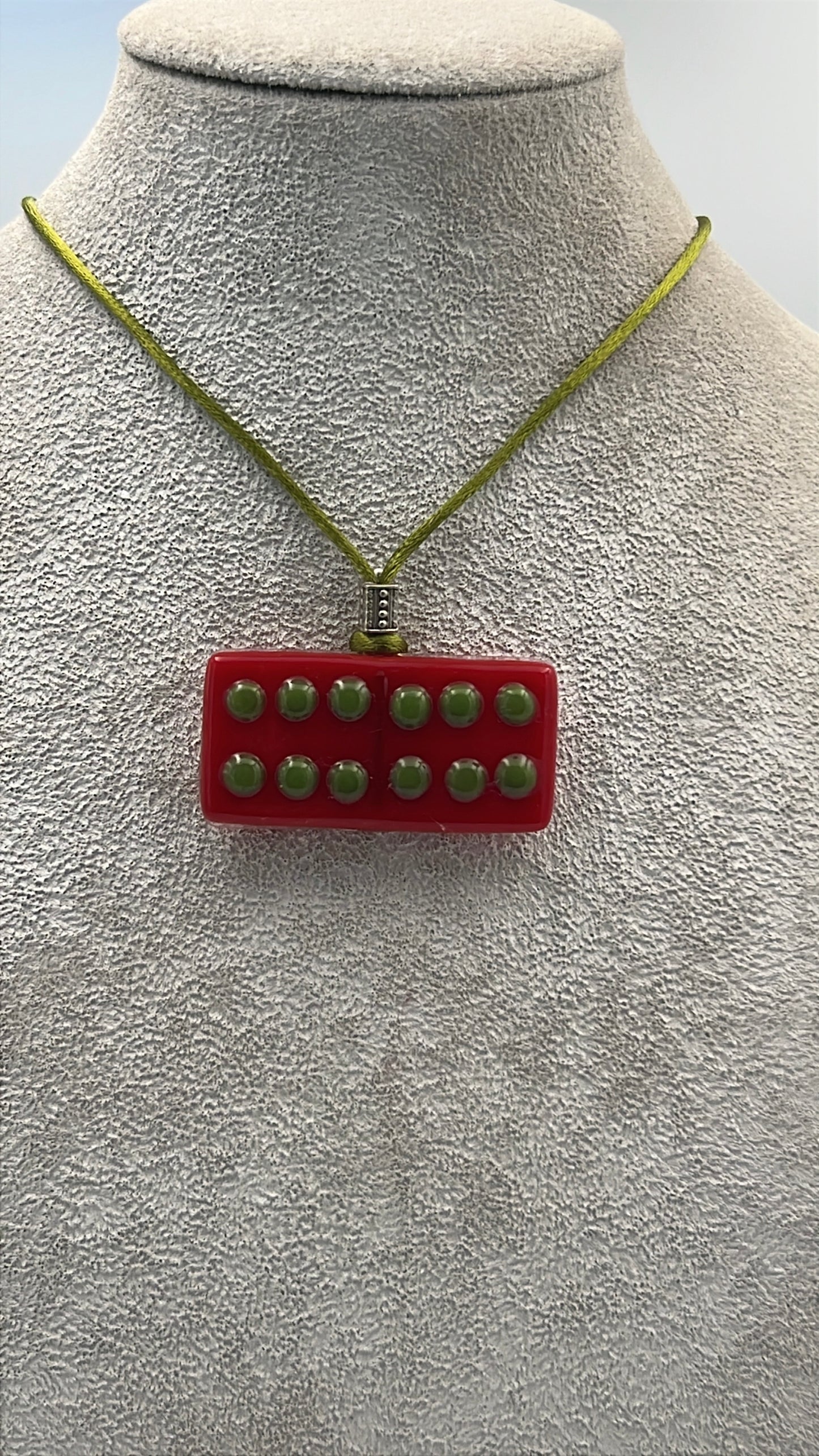 Red Fused Domino Pendant with Olive Green Details