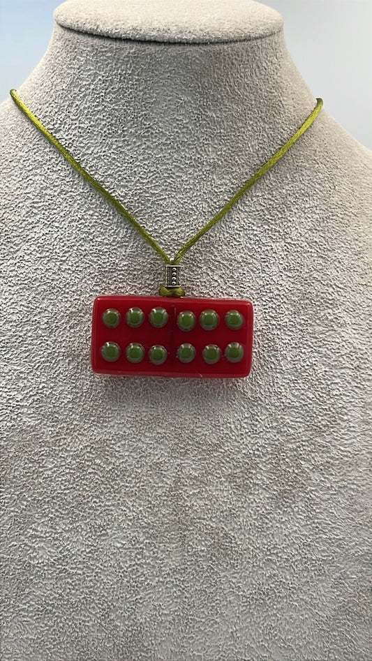 Red Fused Domino Pendant with Olive Green Details