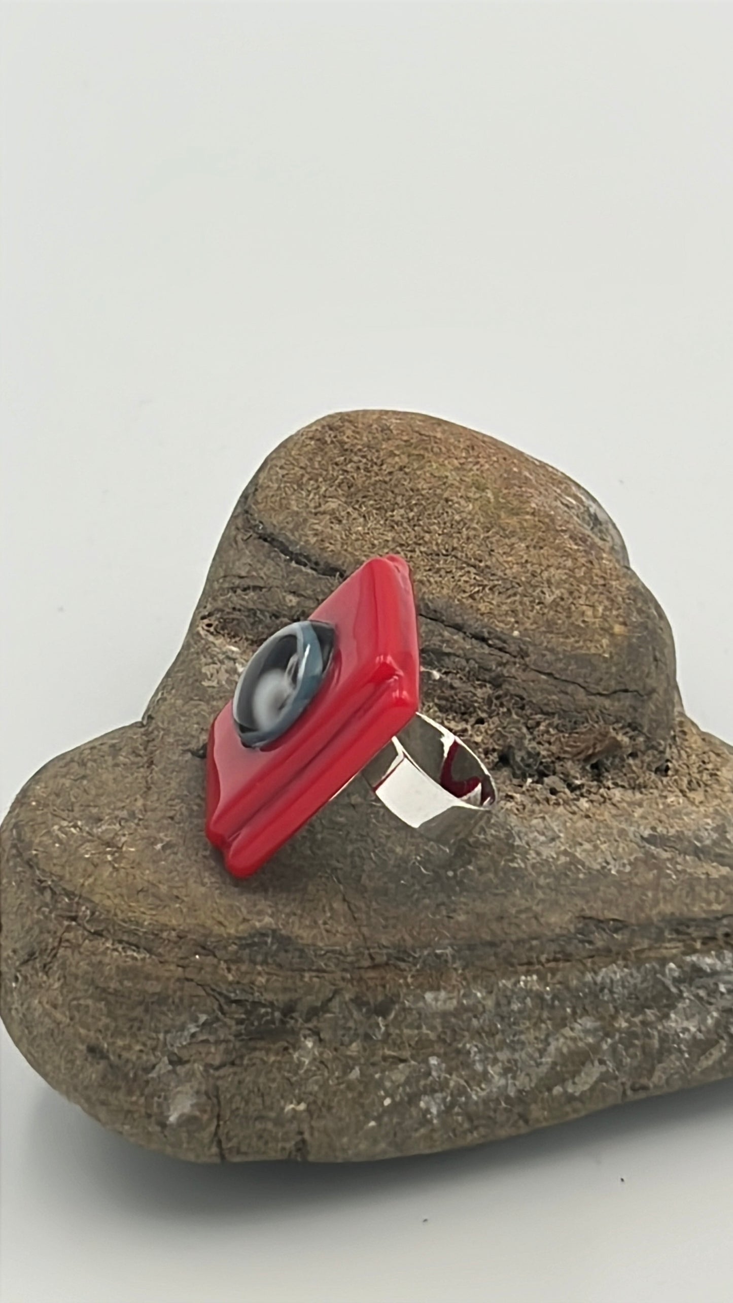 Red Fused Glass Adjustable Number Ring with Black/White Details