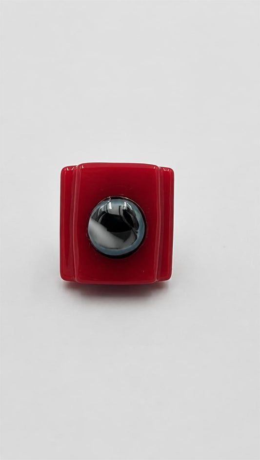 Red Fused Glass Adjustable Number Ring with Black/White Details