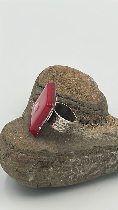 Red Fused Glass Adjustable Number Ring with Pink Details