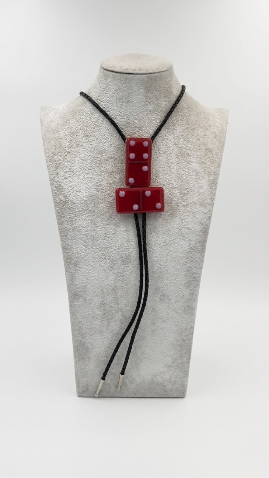 Red Fused Glass Domino Bolo Tie with Pink Details - 2 Piece