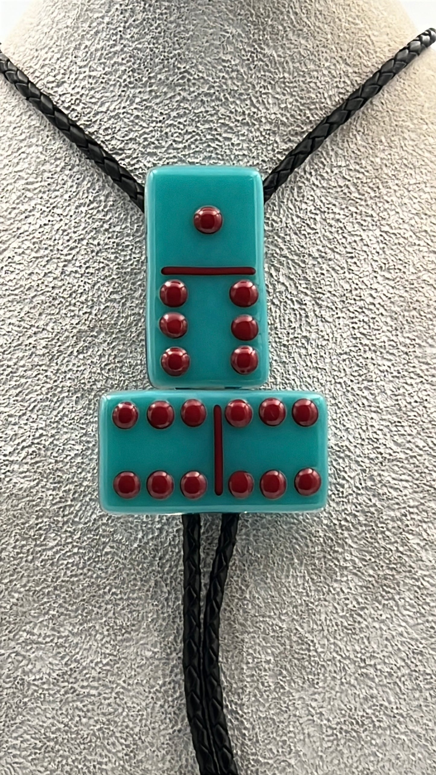 Turquoise Blue Fused Glass Domino Bolo Tie with Red Details - 2 Piece