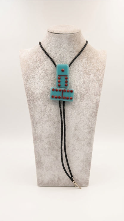 Turquoise Blue Fused Glass Domino Bolo Tie with Red Details - 2 Piece