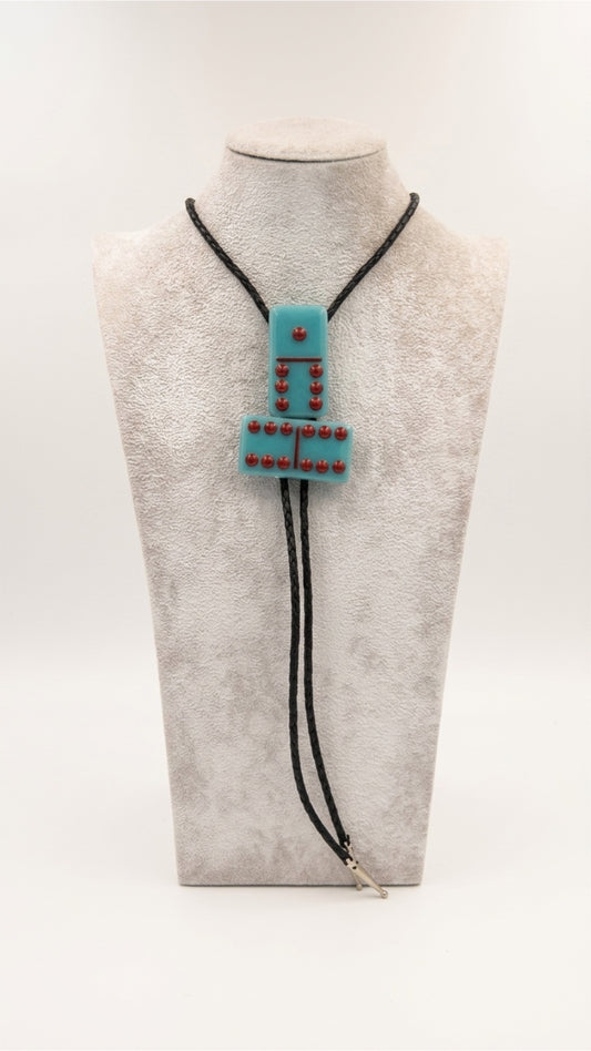 Turquoise Blue Fused Glass Domino Bolo Tie with Red Details - 2 Piece