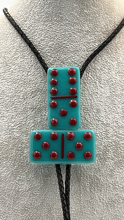 Turquoise Blue Fused Glass Domino Bolo Tie with Red Details - 2 Piece