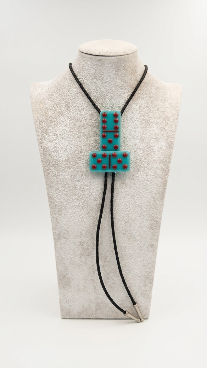 Turquoise Blue Fused Glass Domino Bolo Tie with Red Details - 2 Piece