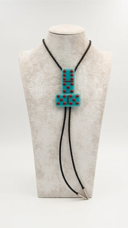 Turquoise Blue Fused Glass Domino Bolo Tie with Red Details - 2 Piece