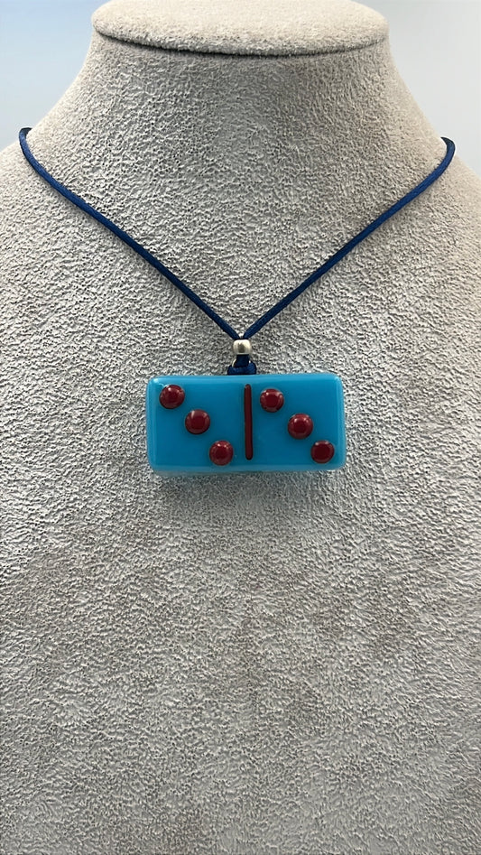 Turquoise Blue Fused Domino Pendant with Red Details